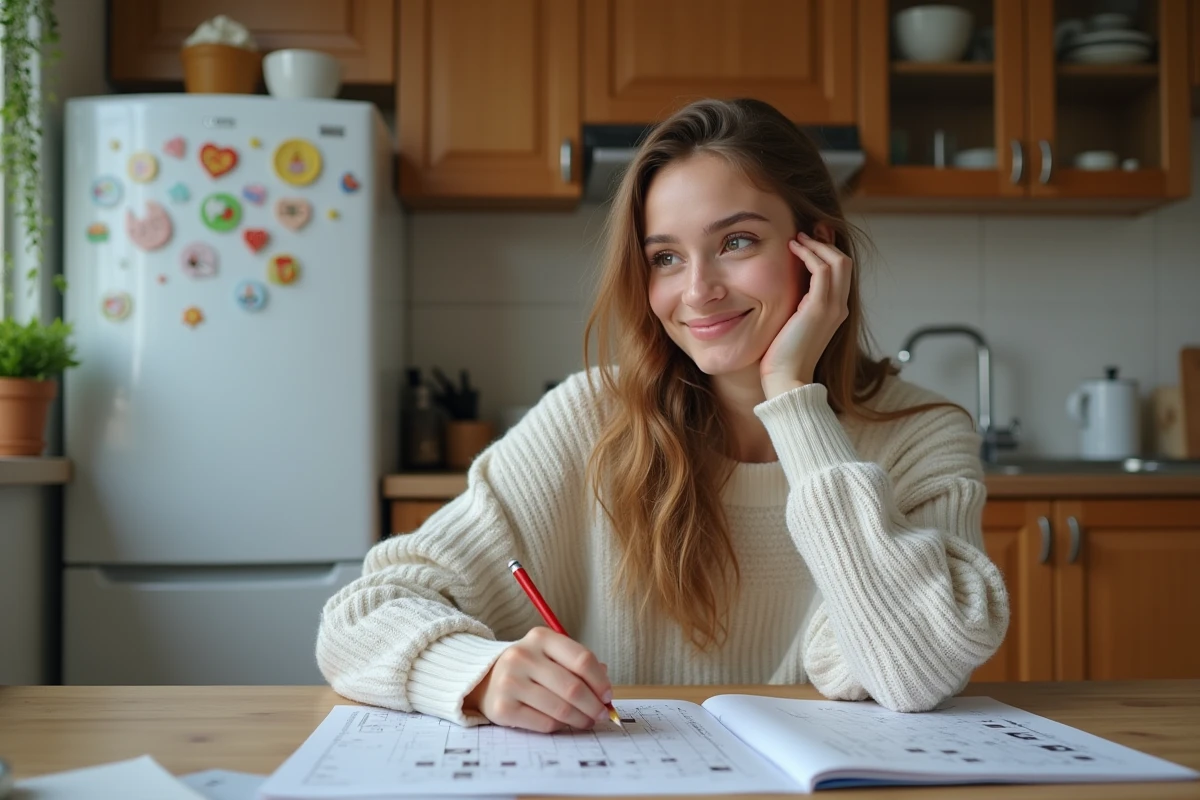 Jeune femme souriante résolvant un casse-tête dans sa cuisine