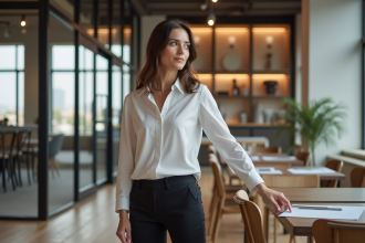 Femme professionnelle inspectant mobilier de réception élégante