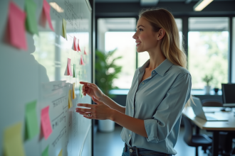 Femme confiante discutant avec tableau blanc créatif