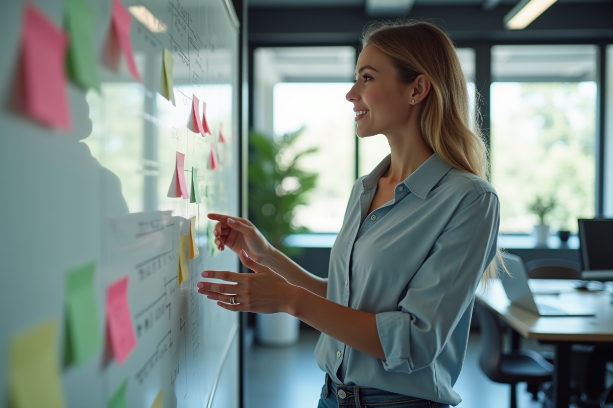 Femme confiante discutant avec tableau blanc créatif