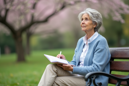 Femme d'âge moyen assise sur un banc dans un parc en contemplant