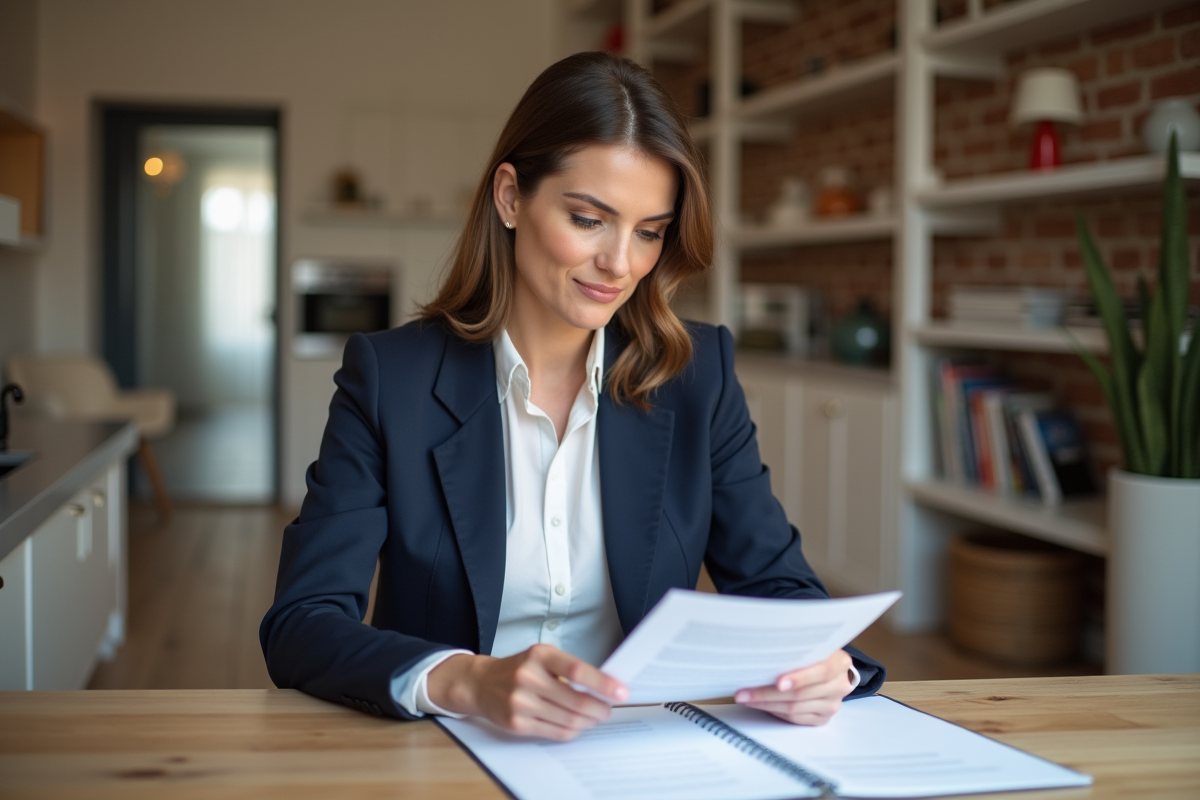 Femme d'affaires examinant un contrat de location dans un appartement moderne