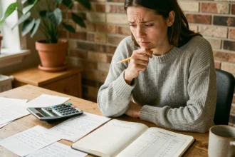 Femme concentrée effectuant des conversions heures minutes sur un carnet manuscrit avec calculatrice