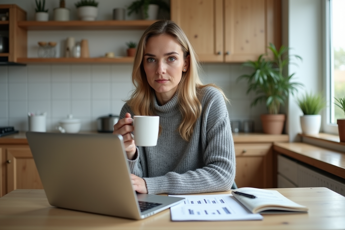 Femme étudie un graphique dans sa cuisine