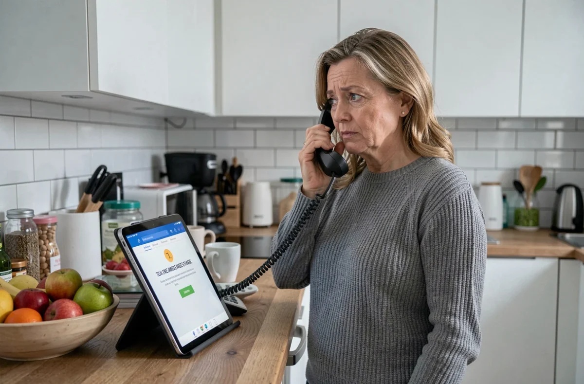 Femme dans une cuisine moderne tenant un téléphone fixe et consultant un avertissement de boîte mail pleine sur une tablette