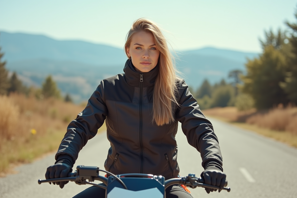 Jeune femme sur une dirt bike au bord d un terrain