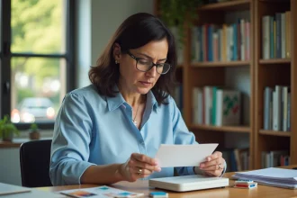 Femme concentrée pesant une lettre avec une balance postal
