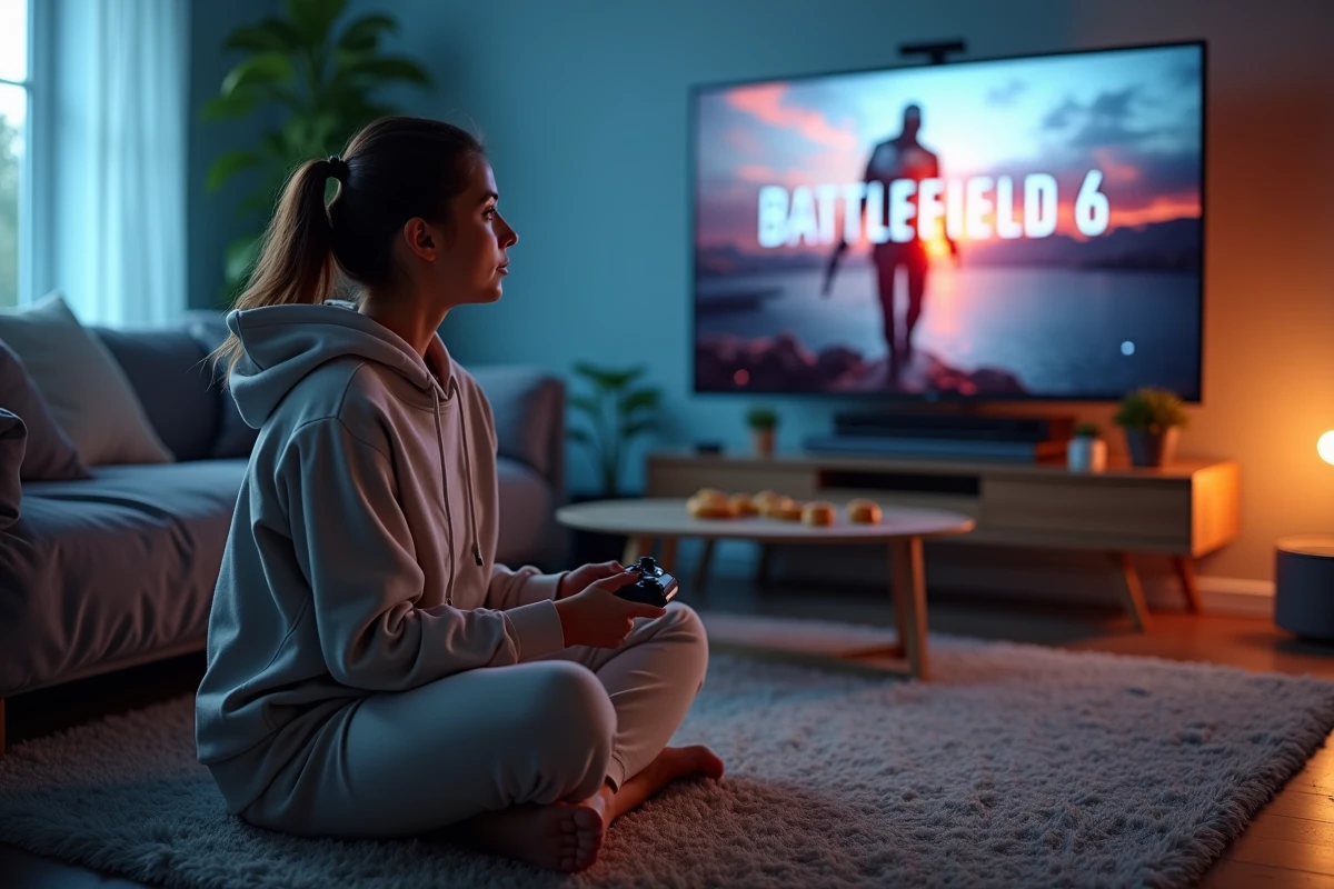 Femme assise sur le tapis avec manette de jeu et écran Battlefield