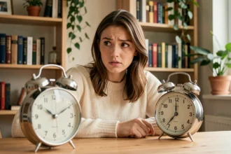 Femme regardant une horloge affichant 1h10 avec une expression intriguée, symbolisant la signification du nombre 0110