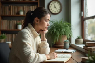 Femme contemplant une horloge affichant 21h21 dans un bureau à domicile chaleureux, symbole de mission de vie et de synchronicité