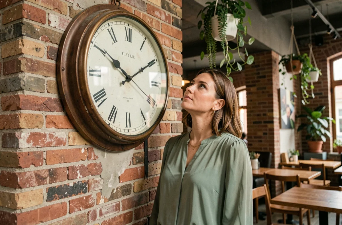 Femme contemplant une grande horloge murale vintage indiquant 1h10 dans un café, évoquant la signification spirituelle du 0110