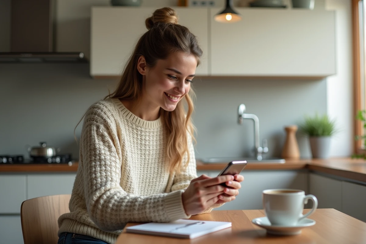 Jeune femme jouant à Candy Crush dans une cuisine lumineuse