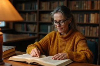 Femme lisant des livres sur le Moyen Âge dans une bibliothèque universitaire ancienne