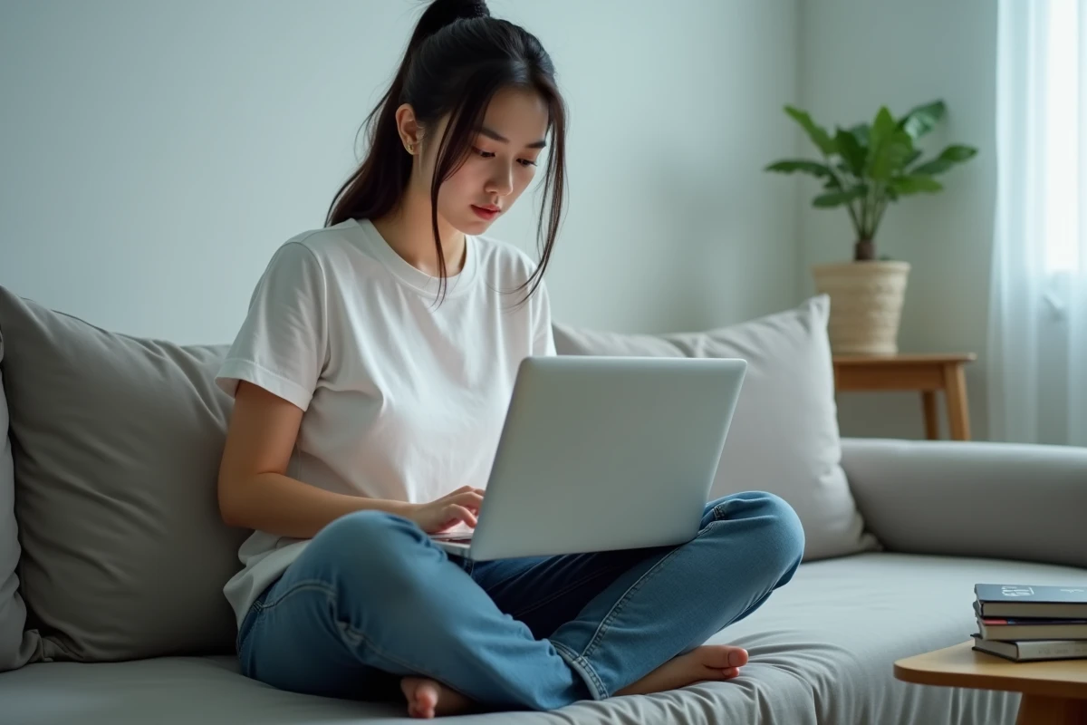 Femme lisant un scan VF de One Punch Man sur ordinateur portable, questionnement sur la légalité des scans manga en ligne en 2026