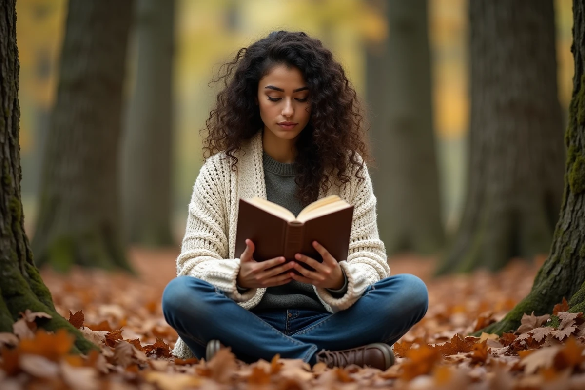 Jeune femme lisant un roman fantasy en pleine forêt automnale entourée de feuilles colorées