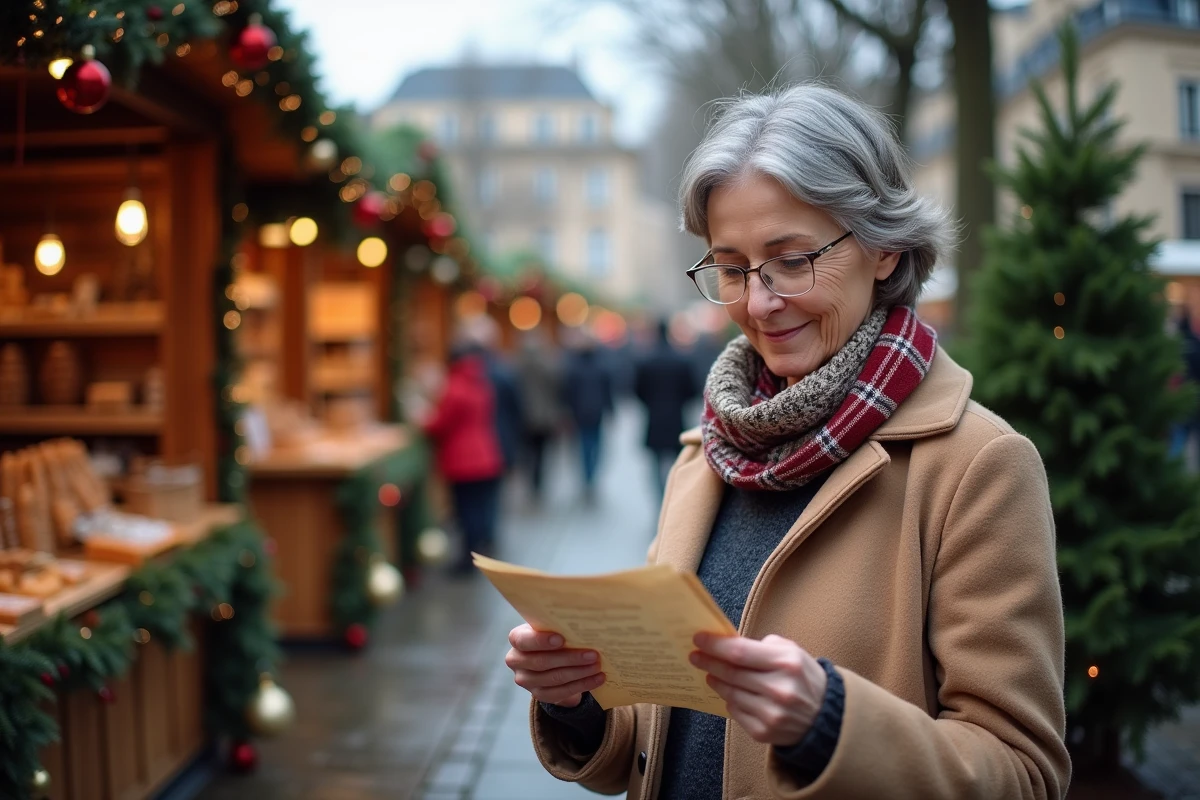 Femme regardant une carte près du chalet de Noël à Lyon