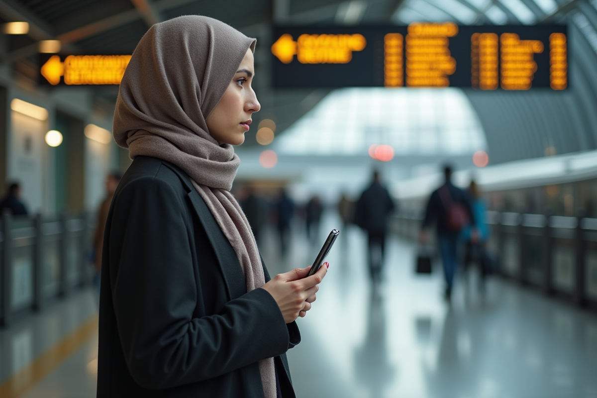 Jeune femme musulmane à la gare regardant le tableau des départs