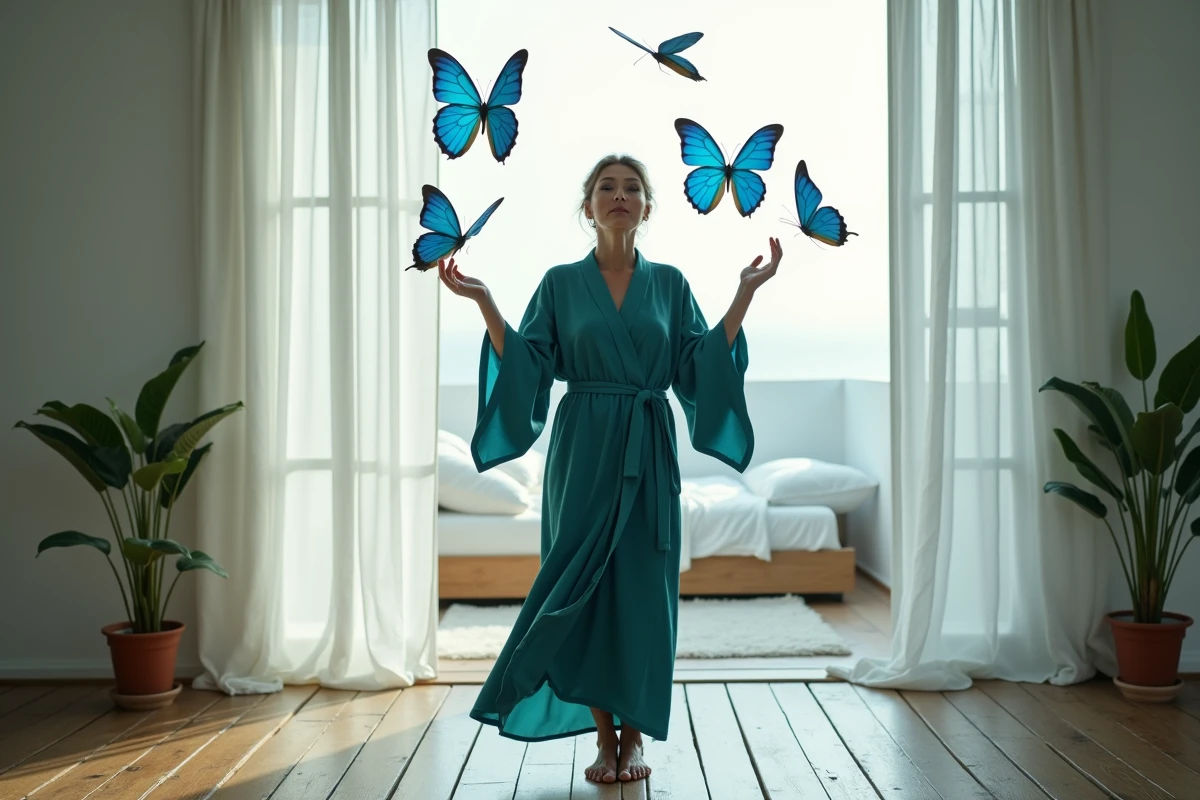 Femme en robe de soie entourée de papillons bleus dans une chambre lumineuse, évoquant le symbolisme onirique