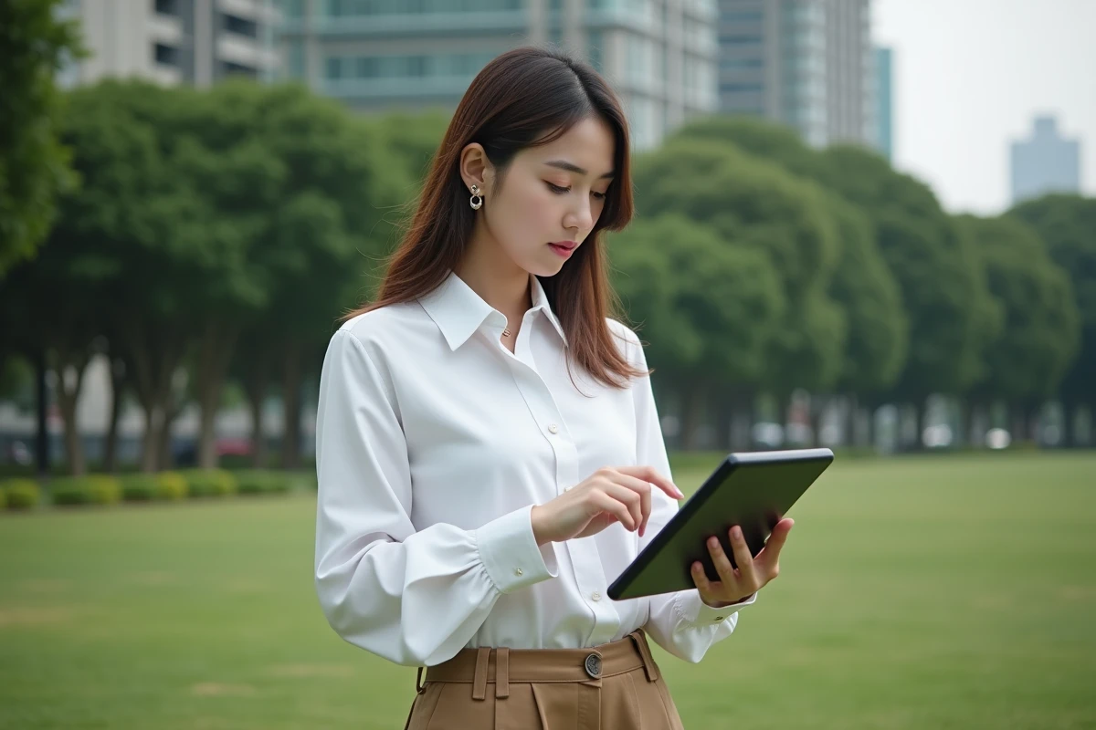 Jeune femme dans un parc utilisant une tablette pour une simulation électrique
