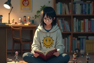 Jeune femme passionnée de manga lisant un volume entourée de figurines anime dans une chambre cosy et encombrée