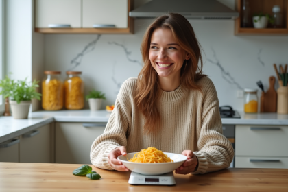 Jeune femme pèse spaghetti dans la cuisine lumineuse