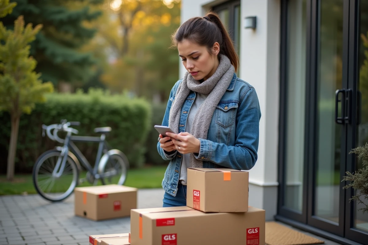 Femme vérifiant ses colis GLS devant sa maison