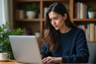 Femme cherchant une nouvelle URL sur son ordinateur portable avec une expression perplexe dans un bureau à domicile