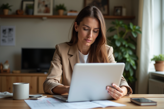 Femme réfléchissant à la rénovation de sa maison dans un salon cosy