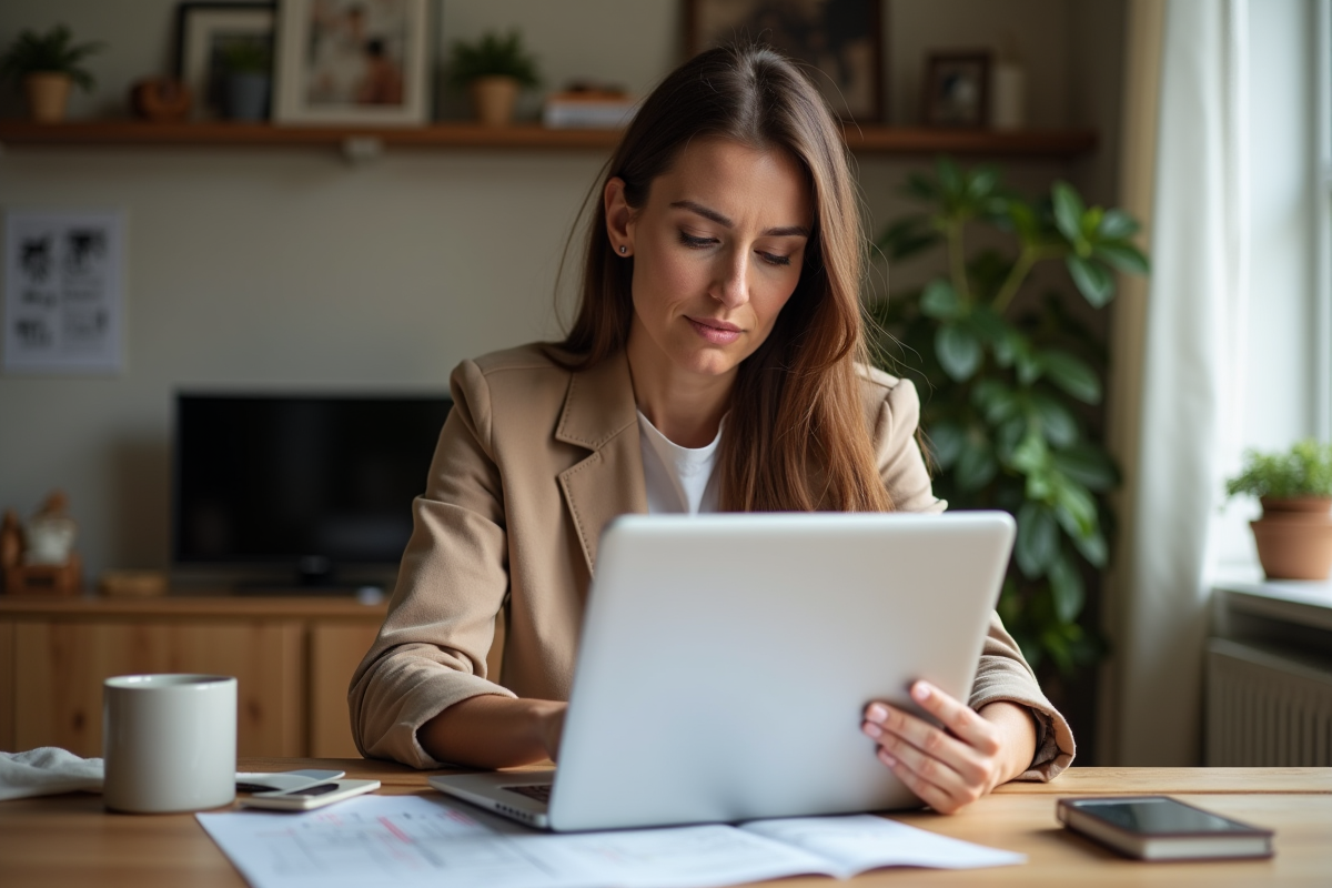 Femme réfléchissant à la rénovation de sa maison dans un salon cosy