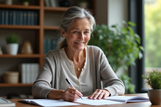 Femme retraitée souriante dans son bureau organisé