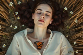 Femme endormie dans une prairie avec un papillon monarque posé sur elle, symbolisant le rêve et l'inconscient