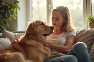Femme assise sur un canapé lumineux caressant son chien allergie