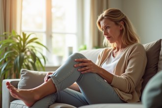 Femme mature assise sur un canapé lumineux avec expression inquiète
