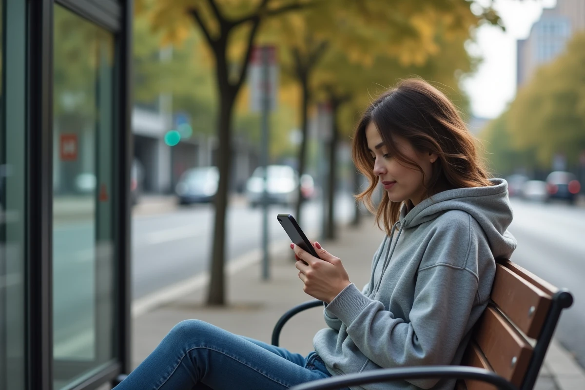 Femme assise à un arrêt de bus en ville jouant sur son smartphone