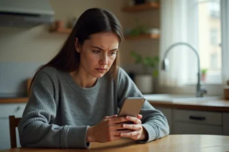 Femme inquiète regardant un SMS suspect avec indicatif +44 sur son smartphone dans une cuisine
