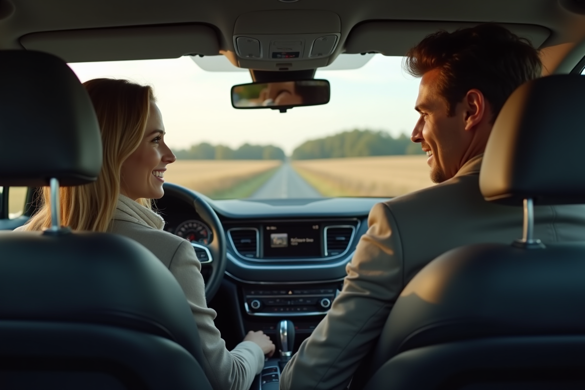 Jeune femme souriante dans une voiture en campagne française