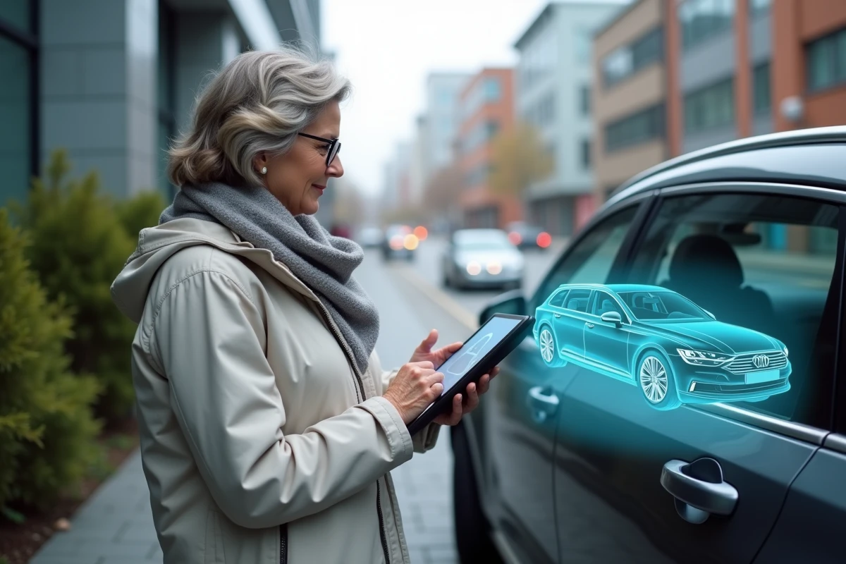 Femme utilisant une tablette pour voir les systemes ADAS en ville