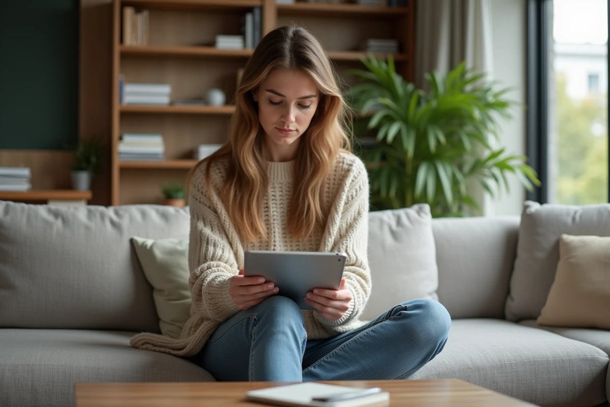 Femme assise dans un salon lumineux regardant une tablette