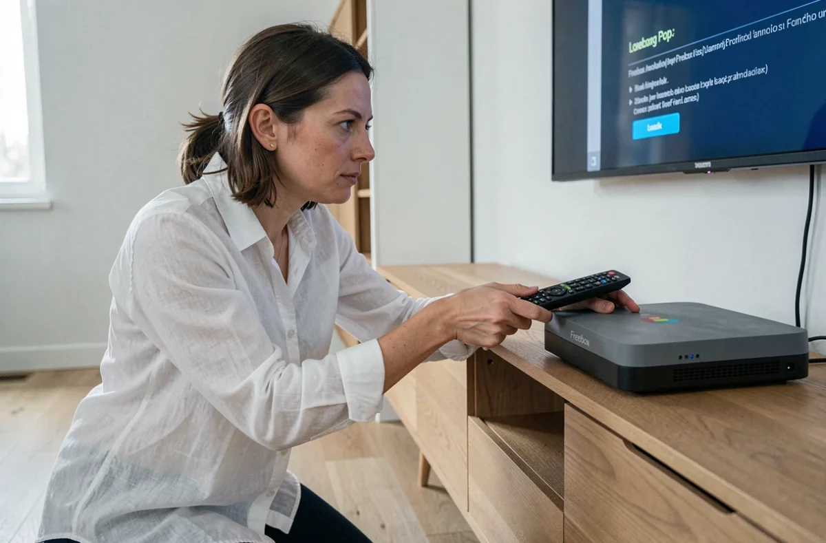 Femme pointant une télécommande vers le boîtier Freebox pour résoudre un problème de connexion infrarouge