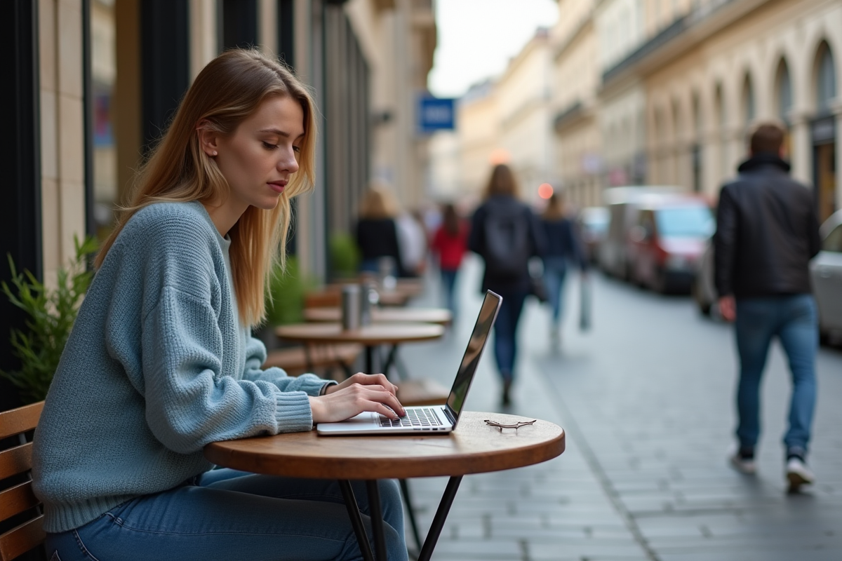 Jeune femme travaillant sur un ordinateur dans un café urbain