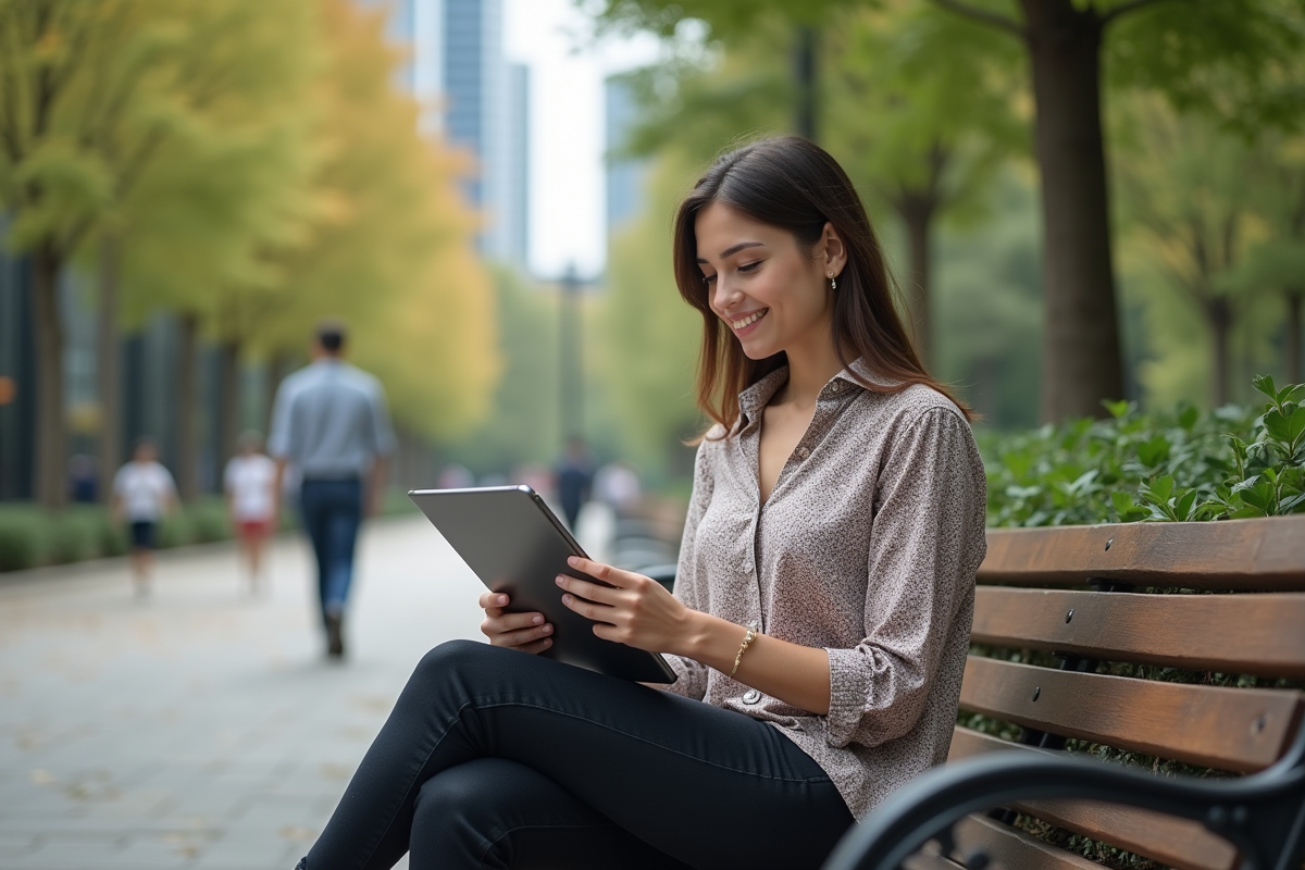Jeune femme travaillant sur une tablette dans un parc urbain