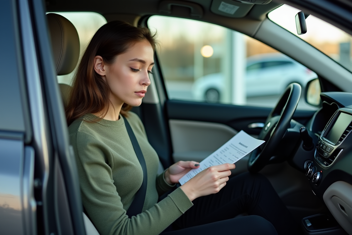 Jeune femme examinant une fiche de prix dans une voiture d