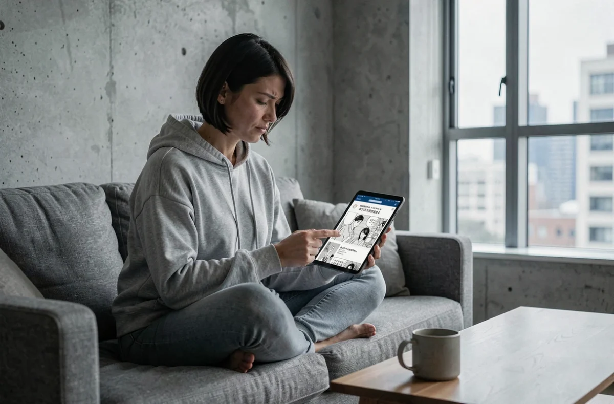Femme vérifiant les mises à jour et la date de sortie du scan One Punch Man 286 sur sa tablette