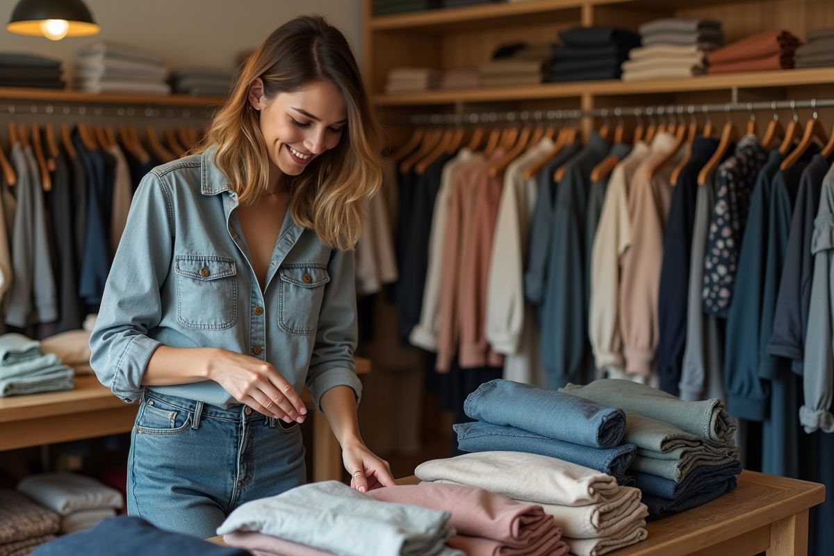 Femme en denim vintage dans une boutique de seconde main