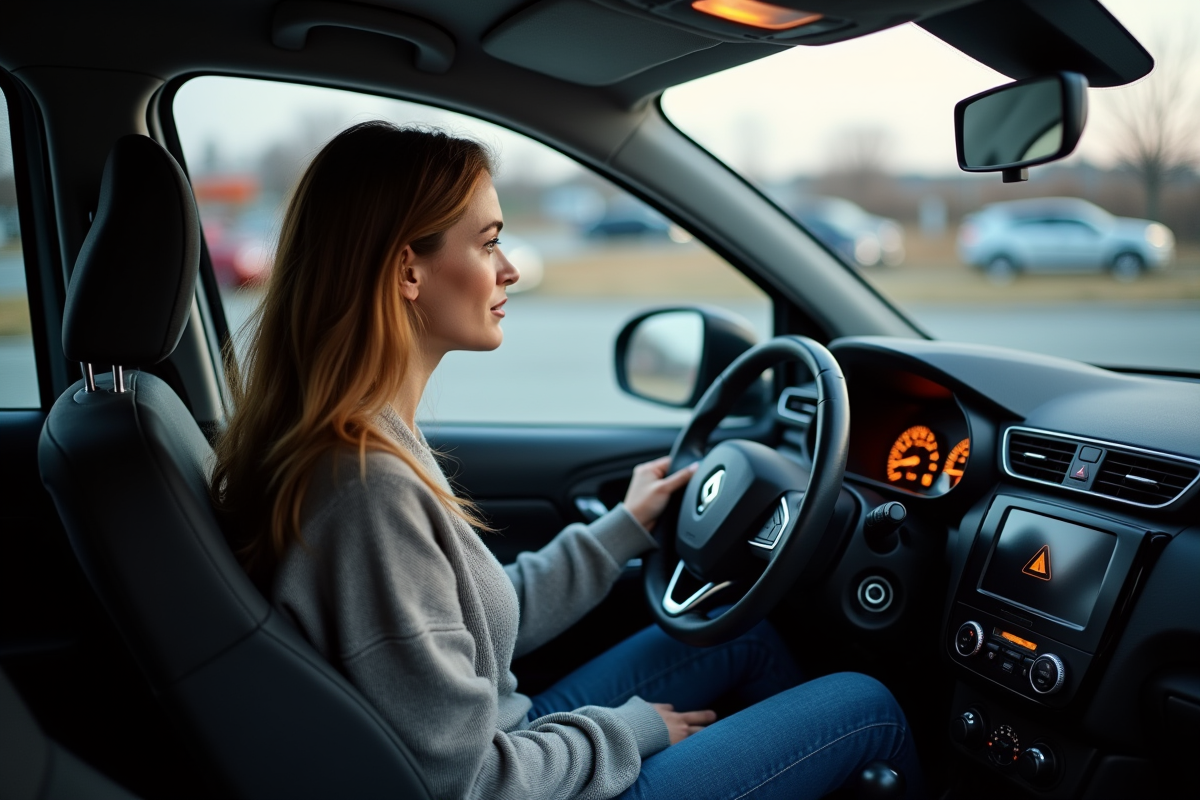 Jeune femme regardant le tableau de bord de sa Renault en extérieur