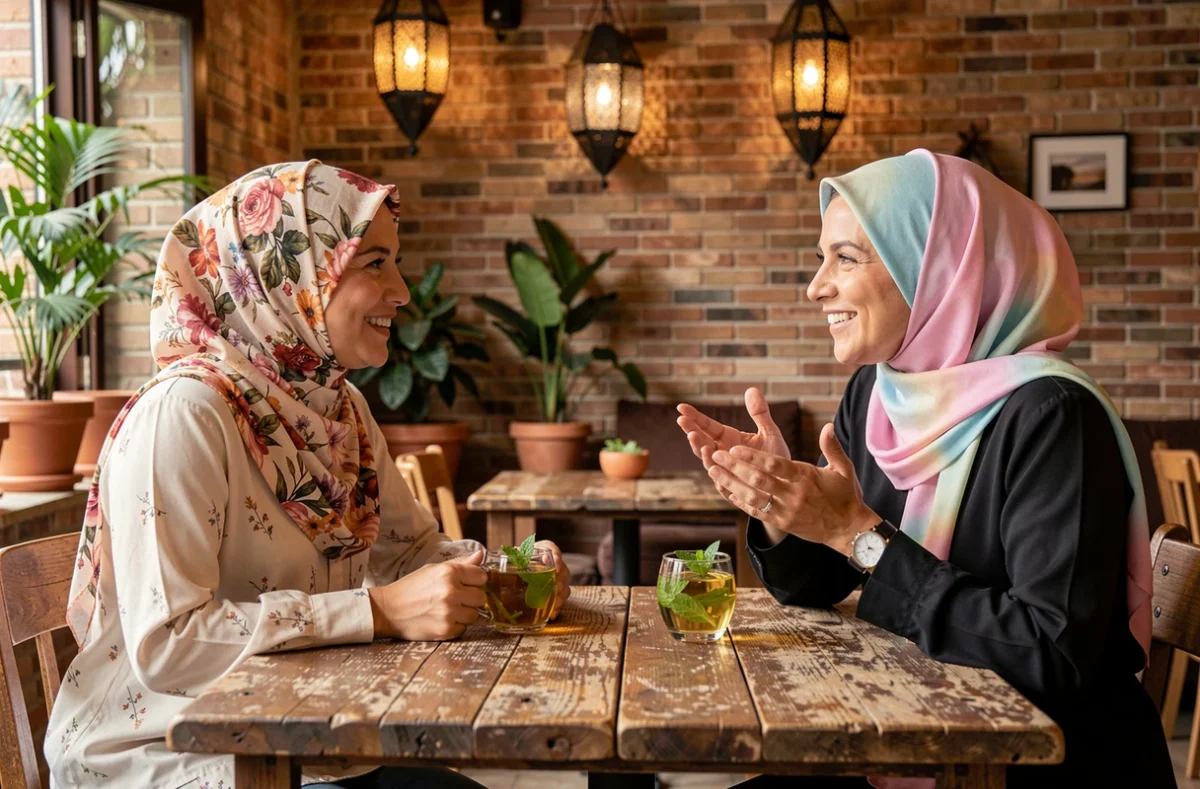Deux femmes en hijab discutant autour d'un thé à la menthe dans un café, illustrant l'usage culturel de la formule Allahouma barik