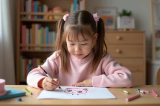 Petite fille dessinant Mew kawaii sur papier avec des crayons de couleur à son bureau en bois