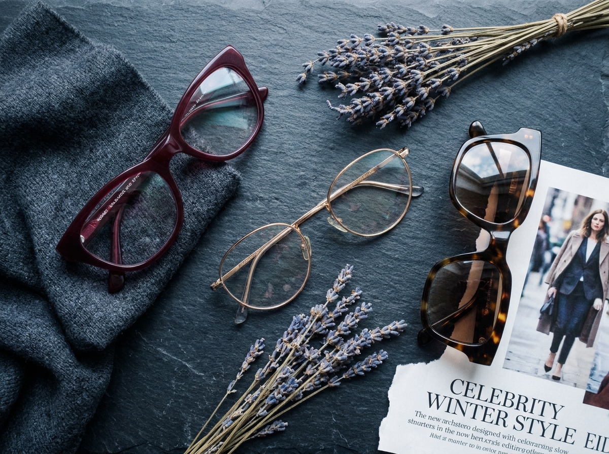Flat lay éditorial de trois montures de lunettes tendance hiver inspirées des célébrités sur fond ardoise avec accessoires mode
