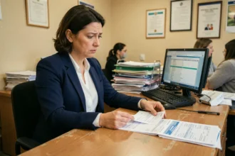 Fonctionnaire de catégorie C examinant ses fiches de salaire dans un bureau administratif public en 2026