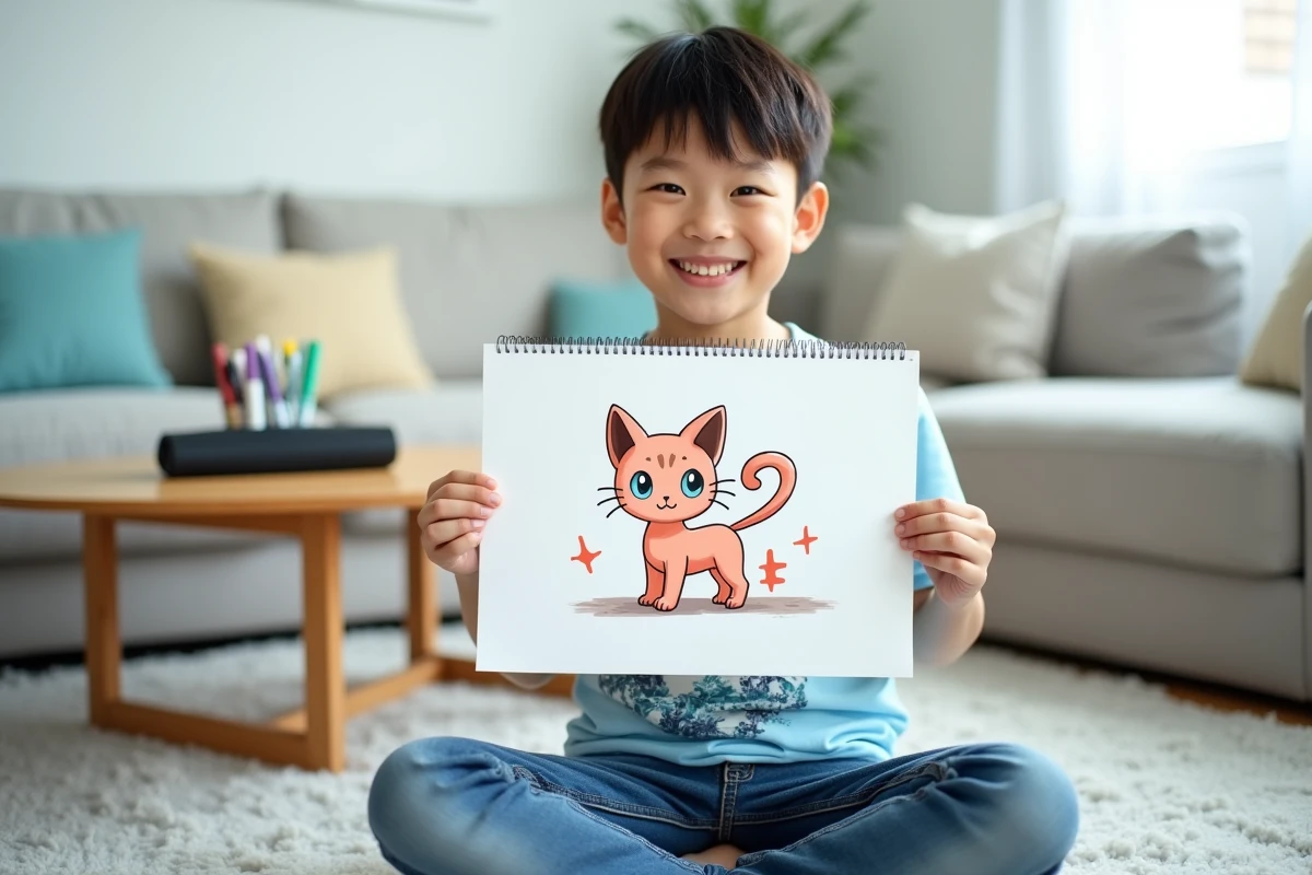 Garçon tenant fièrement son dessin de Mew kawaii terminé dans le salon